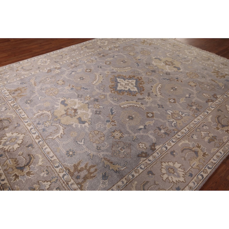 Floral Gray Oushak Indian Area Rug Hand-Knotted Wool Carpet - 8'1" x 9'11"