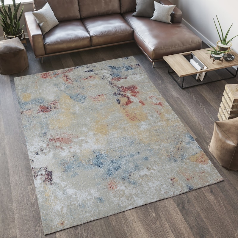 Trellis Beige, Cream, Yellow, Navy and Red Abstract Indoor/Outdoor Rug