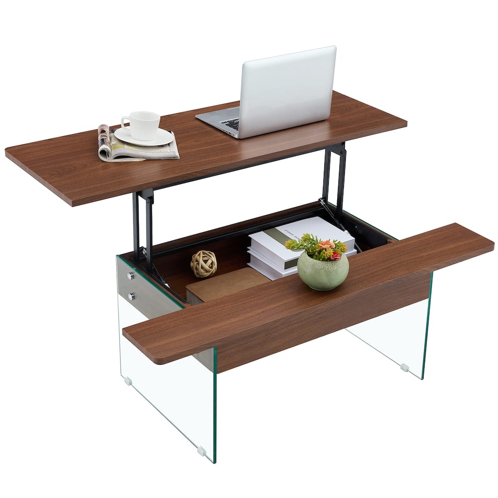 43.3-Inch Coffee Table With Lifting Function (With Storage Space)-Combining Walnut Wood Grain With Tempered Glass