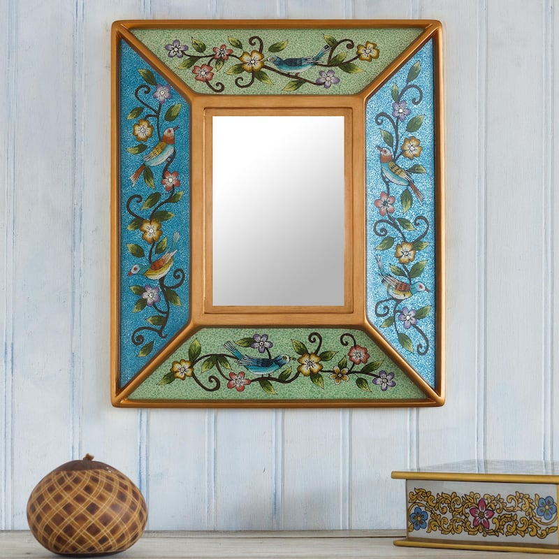 Novica Handmade Birdsong In Blue And Green Reverse-Painted Glass Wall Mirror