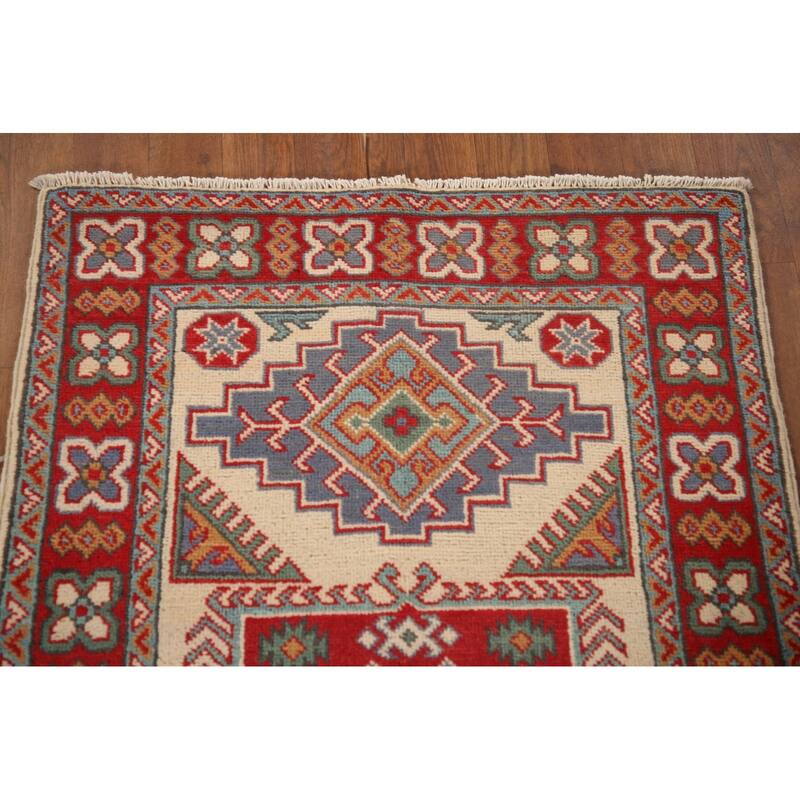 Ivory & Red Geometric Kazak Oriental Accent Rug Handmade Wool Carpet - 2'7" x 4'1"