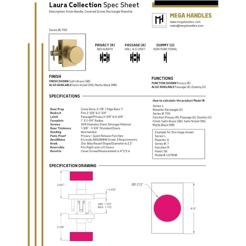 Mega Handles LAURA Privacy Door Knob | Keyless, Reversible, Heavy-Duty Smooth Lock for Hallway, Closet, Bathroom
