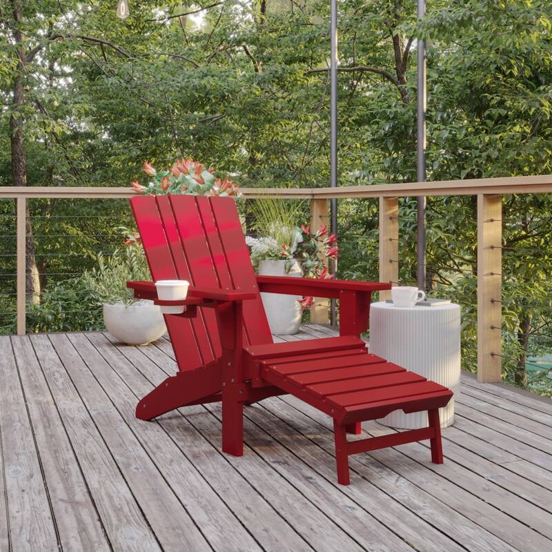 Commercial All-Weather Adirondack Chair with Pullout Ottoman & Cupholder - Red