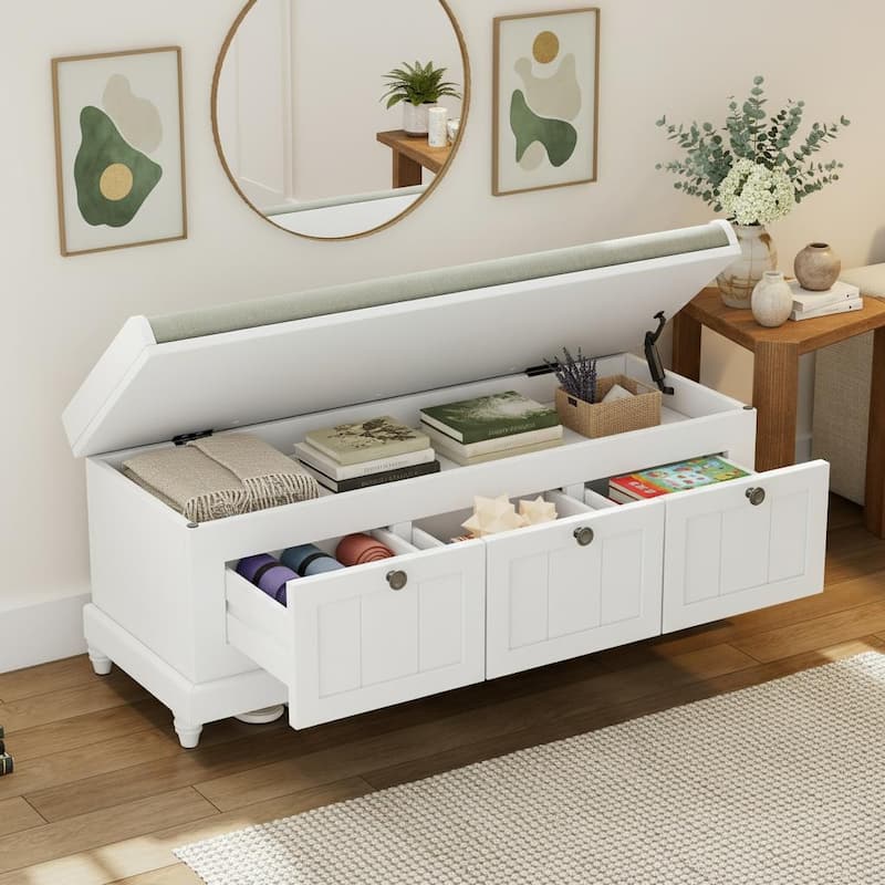 Classic Fluted Shoe Bench with Cushioned Top & Three Drawers by Harper&Bright Designs