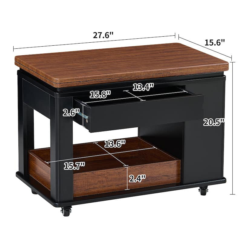 27.6" Modern Coffee Table with Foldable Top & Casters, Multi-Tier Storage Side Table for Living Room