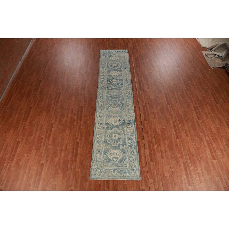 Hand Knotted Oriental 100% Wool Carpet Transitional Geometric Navy Blue & Blues Oushak Runner Rug - 14' 2'' X 3' 1''