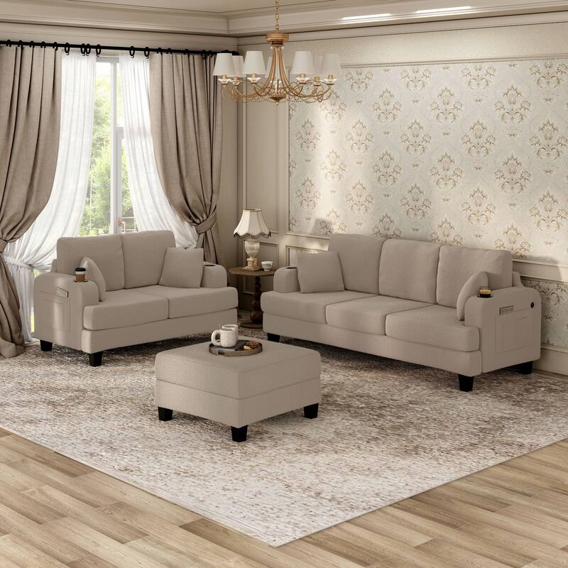 Furniture of America Xenia Modern 3-Piece Boucle Sofa and Ottoman Set - Beige