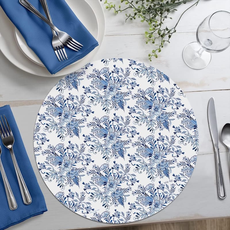 Blue & White Pottery Round Reversible Easy Care Flexible Plastic Placemat 4 Pack Made in The USA