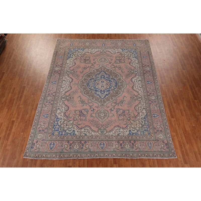 Pink Tabriz Persian Vintage Area Rug Hand-Knotted Wool Carpet - 9'7" x 12'4"