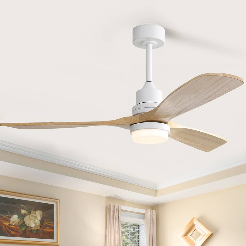 Sofucor 48/52 Inch Wood Ceiling Fan with Light and Remote/Smart App Voice Control, Dimmable Lights Included - 52-Remote Control - White with Natural Wood Blades