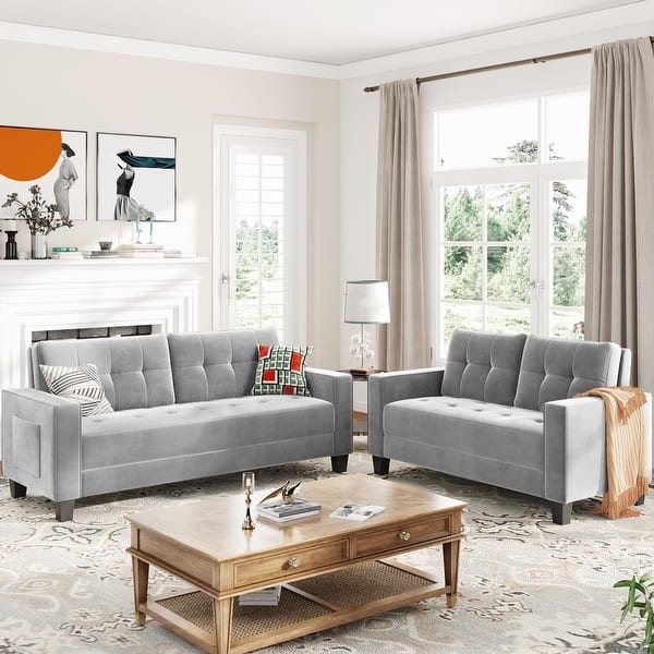 slide 2 of 7, Morden Living Room Sofa Set with Upholstered Loveseat and 3-Seat Sofa for Home or Office (2+3 Seat), Light Grey - 2+3 Seat