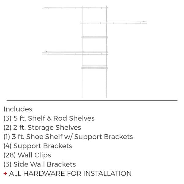 dimension image slide 0 of 4, ClosetMaid Fixed Mount Closet Organizer Kit 60 - 96 inch White Wire