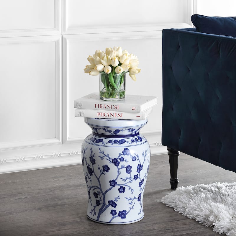 Cherry Blossom 17.7" Ceramic Garden Stool, White/Blue by JONATHAN Y