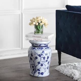 Cherry Blossom 17.7" Ceramic Garden Stool, White/Blue by JONATHAN  Y