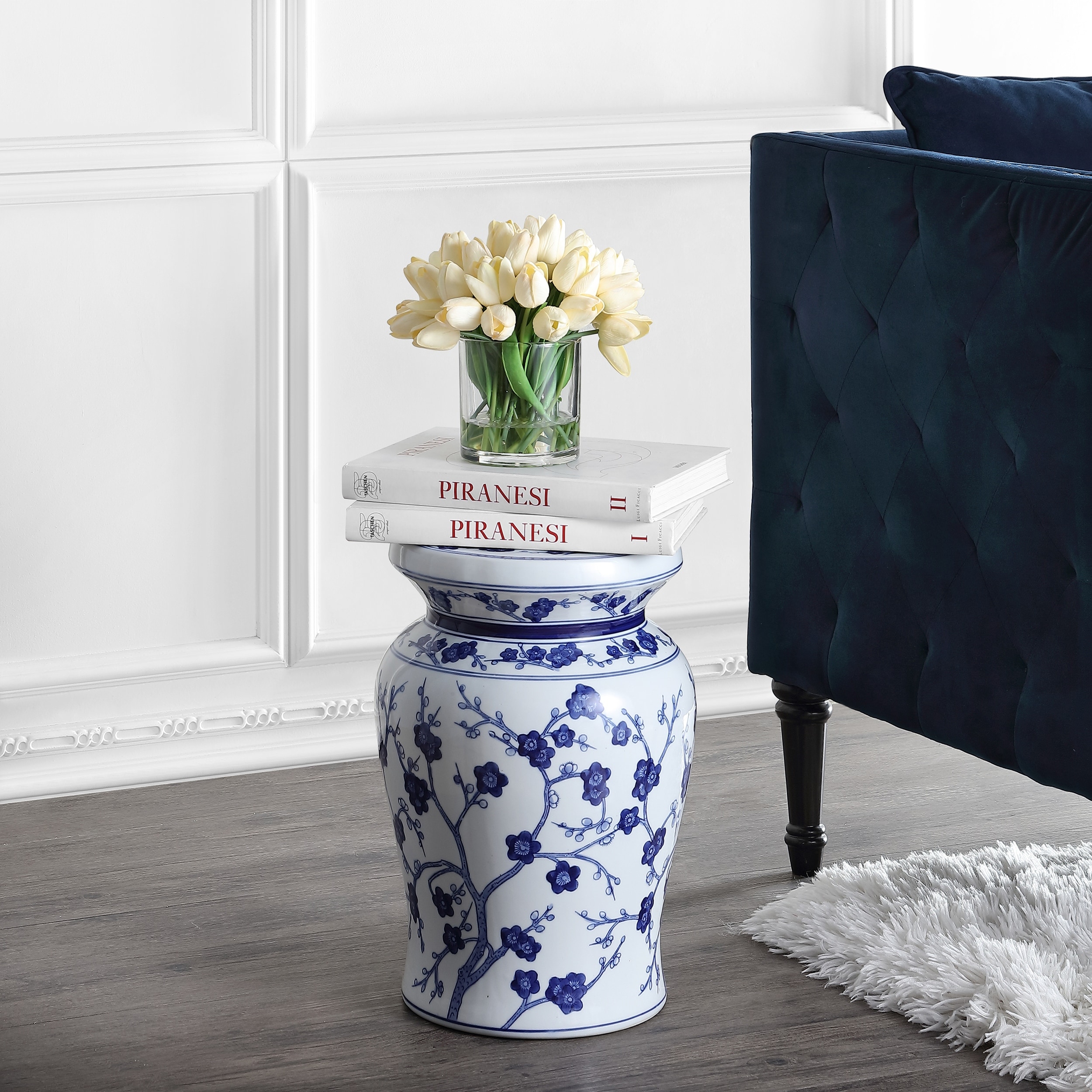 Cherry Blossom Traditional Chinoiserie Floral Ceramic Garden Stool, Indoor/Outdoor Patio Side Table, Accent Seat & End Table