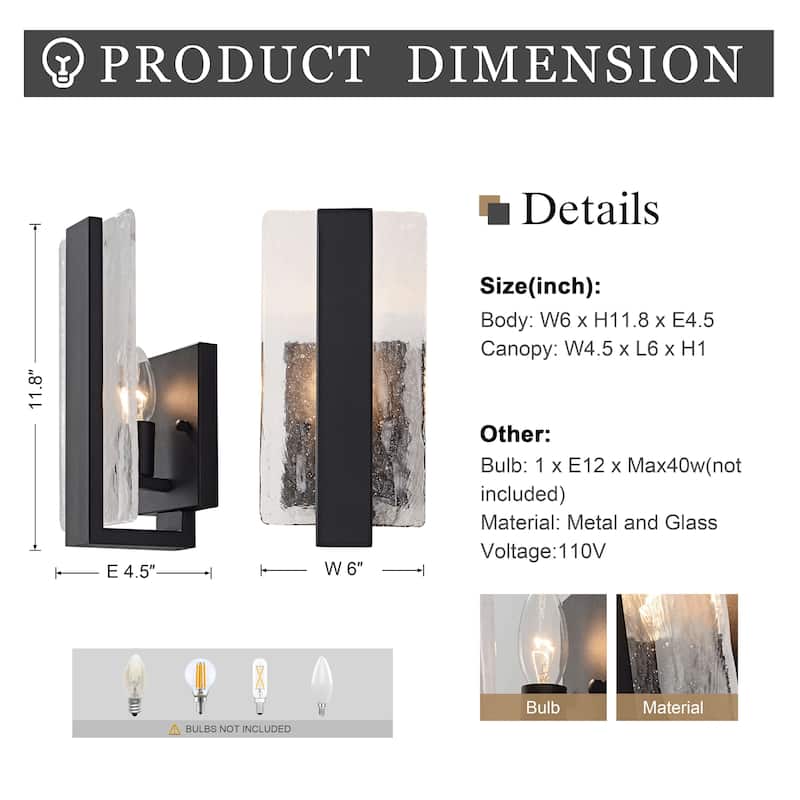 Mia Single Light Matte Black Clear Glass Panel Wall Sconce - 6" W x 11.8" H x 4.5" D