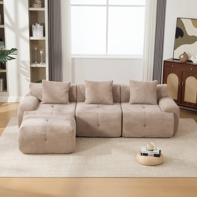104"W Modern Upholstered Sectional Sofa with 3 Pillows and Ottoman