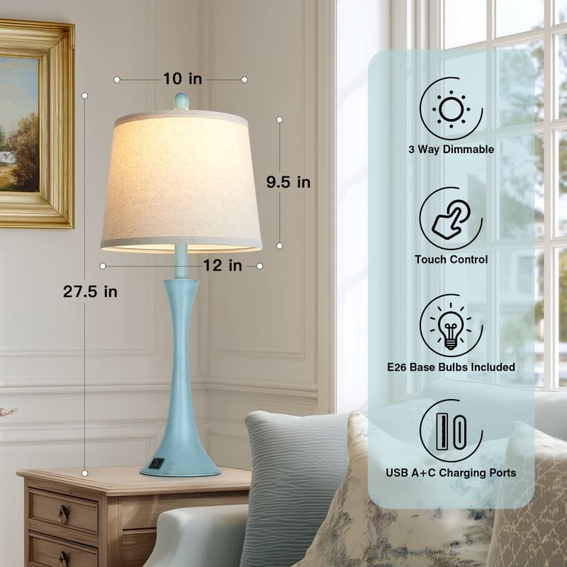 Set of 2 Modern 26-Inch Table Lamps with Dual USB Charging Ports and Oatmeal Fabric Shades - 12'' x 12'' x 27.5''