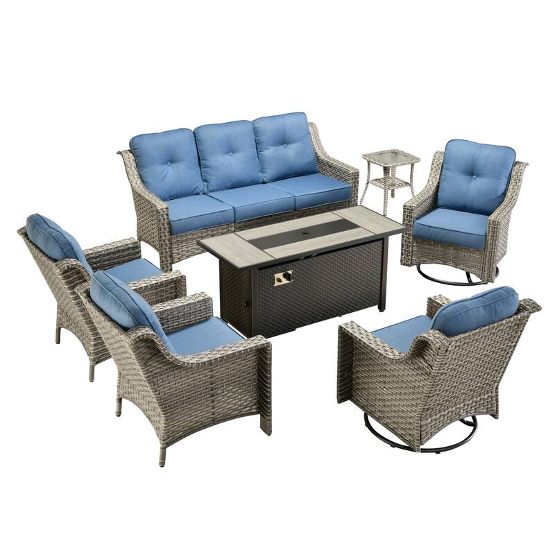 OVIOS 7-piece Patio Wicker Swivel Rocking Chair Set With Fire Pit