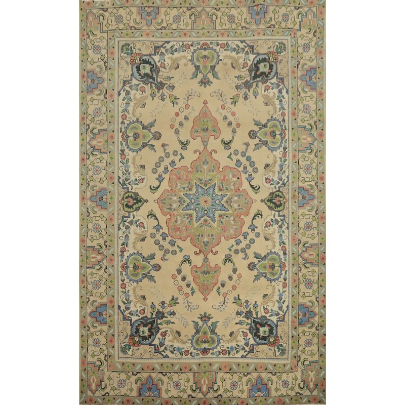 Hand Knotted Oriental 100% Wool Carpet Traditional Floral Beige & Ivories Tabriz Area Rug - 9' 3'' X 6' 4''