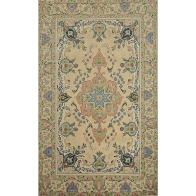 Hand Knotted Oriental 100% Wool Carpet Traditional Floral Beige & Ivories Tabriz Area Rug - 9' 3'' X 6' 4''