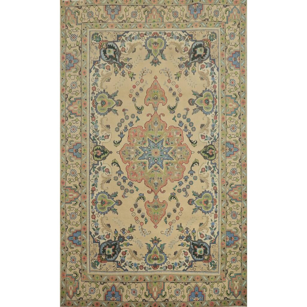 Hand Knotted Oriental 100% Wool Carpet Traditional Floral Beige & Ivories Tabriz Area Rug - 9' 3'' X 6' 4''