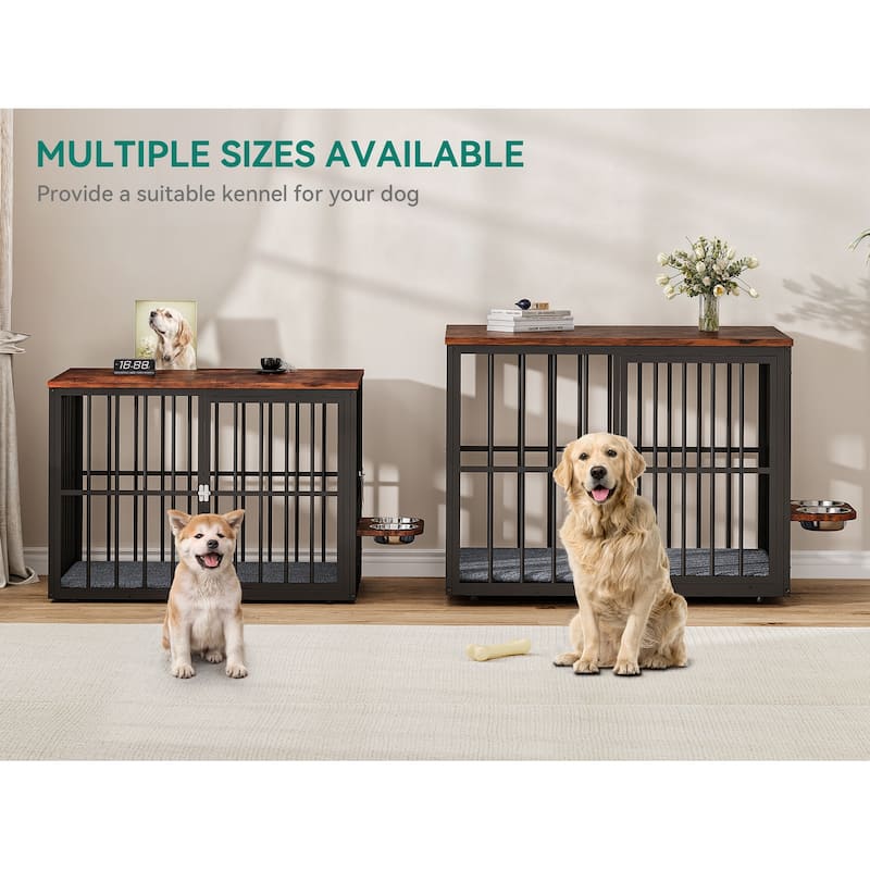 Double Dog Crate Furniture, TV Stand with Removable Divider and Feeding Bowls
