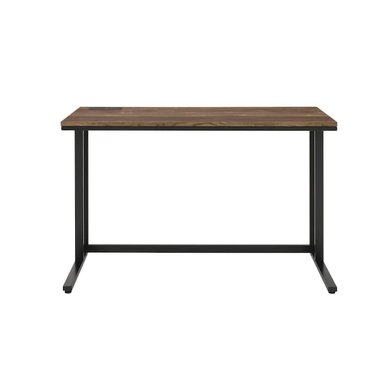 Wood Rectangular Writing Desk with USB Port, Metal Base - Brown and Black