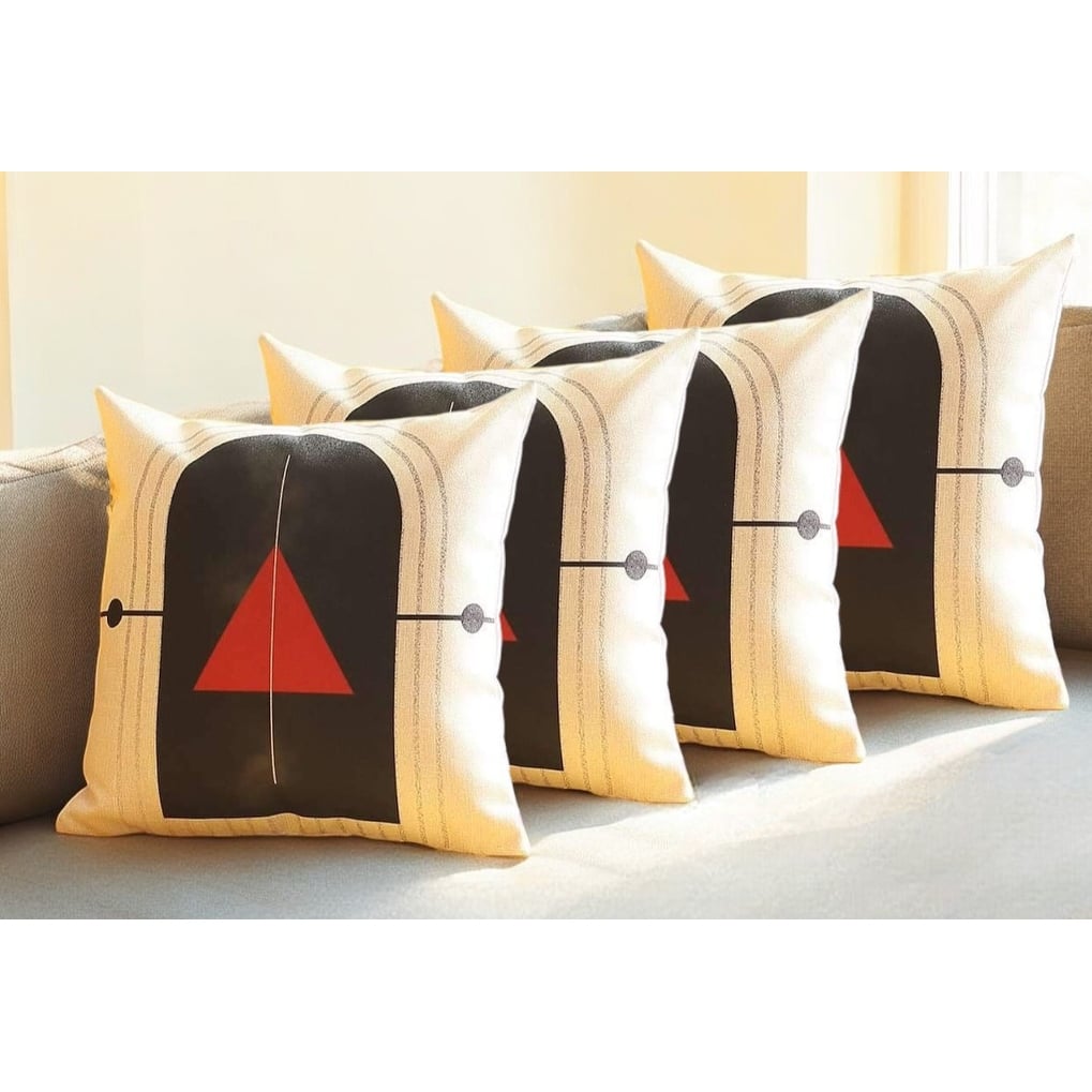 Set of Four 18" Ivory Black and Red Geometric Fabric Throw Pillows