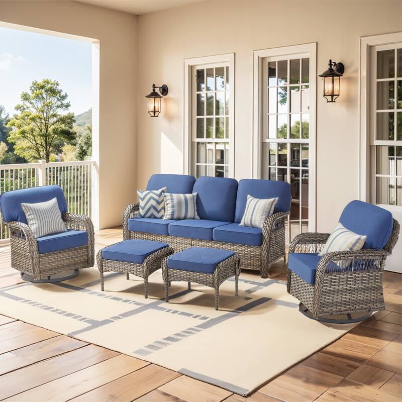 Pocassy Patio Outdoor Sofa Ottoman with Swivel Chair Table - Gray Wicker Blue Cushion - 5-Piece Sofa Swivel Chair with Ottoman