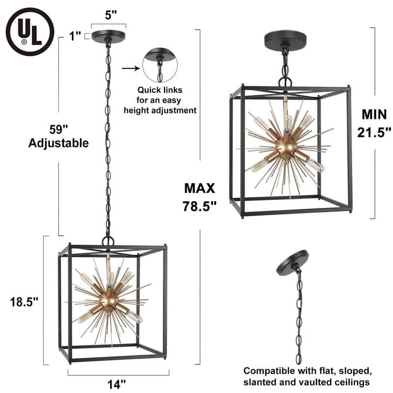 Twink Modern Black Gold 6-light Square Chandelier Starburst Pendant Light for Dining Room