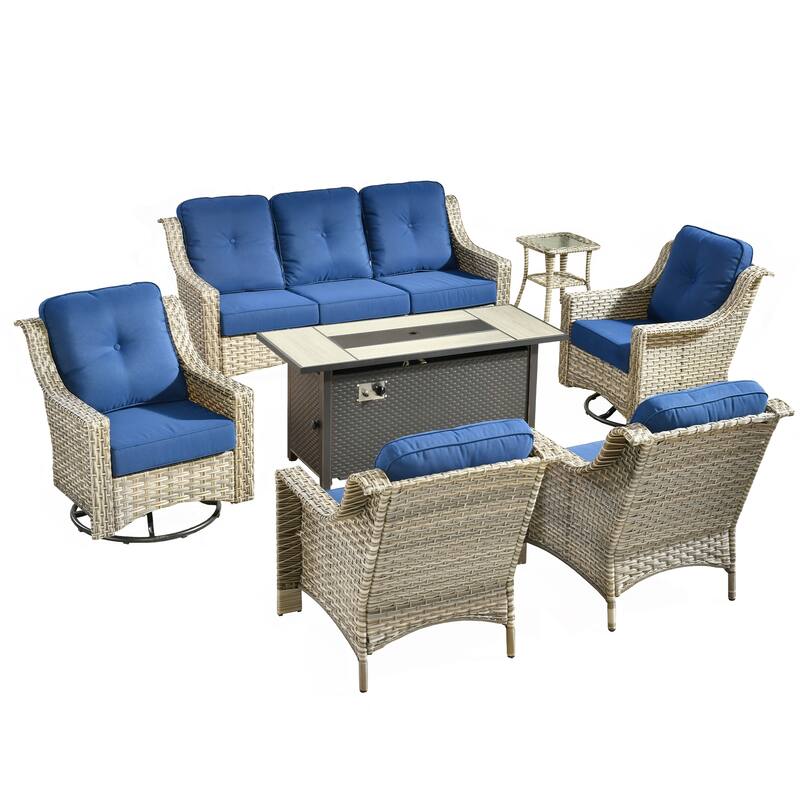 HOOOWOOO 7-piece Wicker Rattan Outdoor High Back Conversation Set with 54" Fire Pit