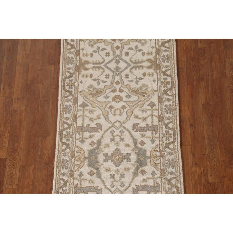 All-Over Ivory Oushak Oriental Runner Rug Hand-Knotted Wool Carpet - 2'6"x 11'9"