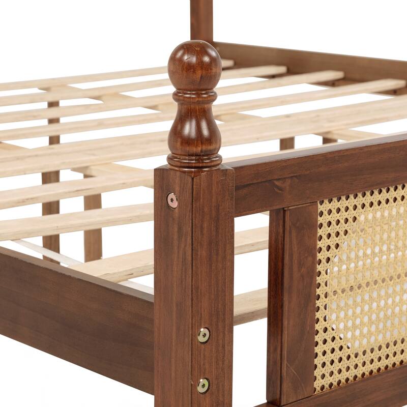 King Pine wooden Bed with Rattan Headboard and Footboard, with Central Enhanced Bed Platform