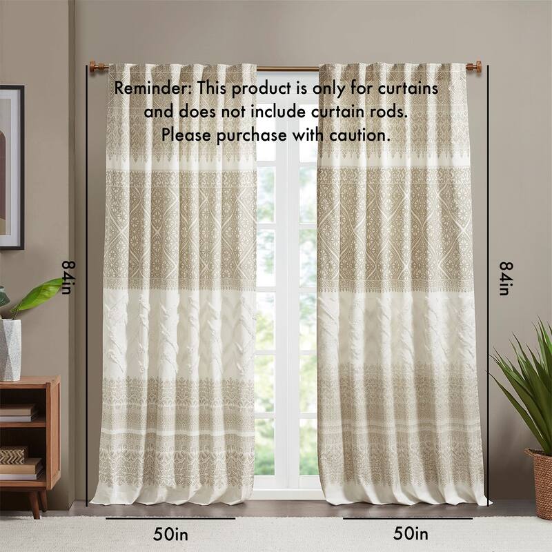 Cotton Printed Curtain Panel with Chenille detail and Lining(Only 1 Pc Panel) - Beige
