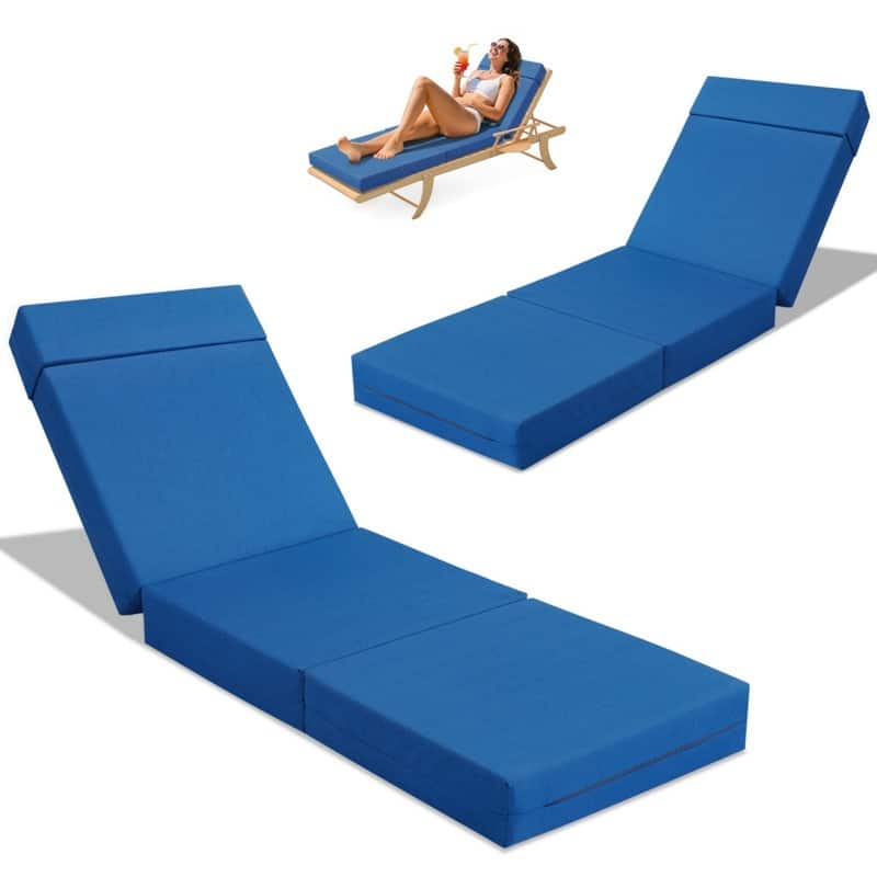 2 Pcs Chaise Lounge Cushions Outdoor, Removable Cover, Beige/Blue