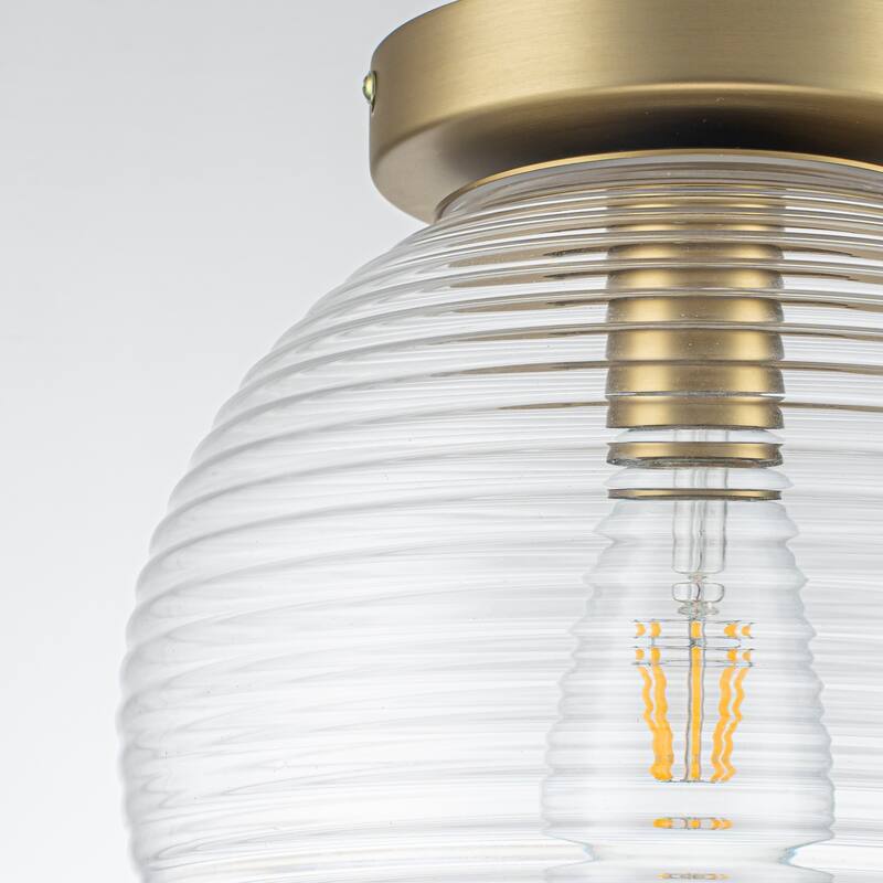 9.84 in. 1-Light Modern Brushed Gold Ribbed Clear Glass Globe Semi-Flush Mount Ceiling Light - 9.84 in. W x 10.63 in. H