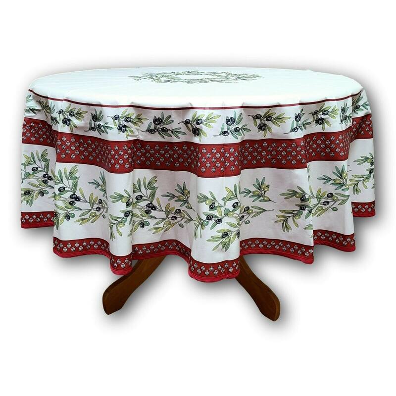 Wipeable Tablecloth Spill Resistant French Fleur Oliviers Collection - 71-inch Round - Red