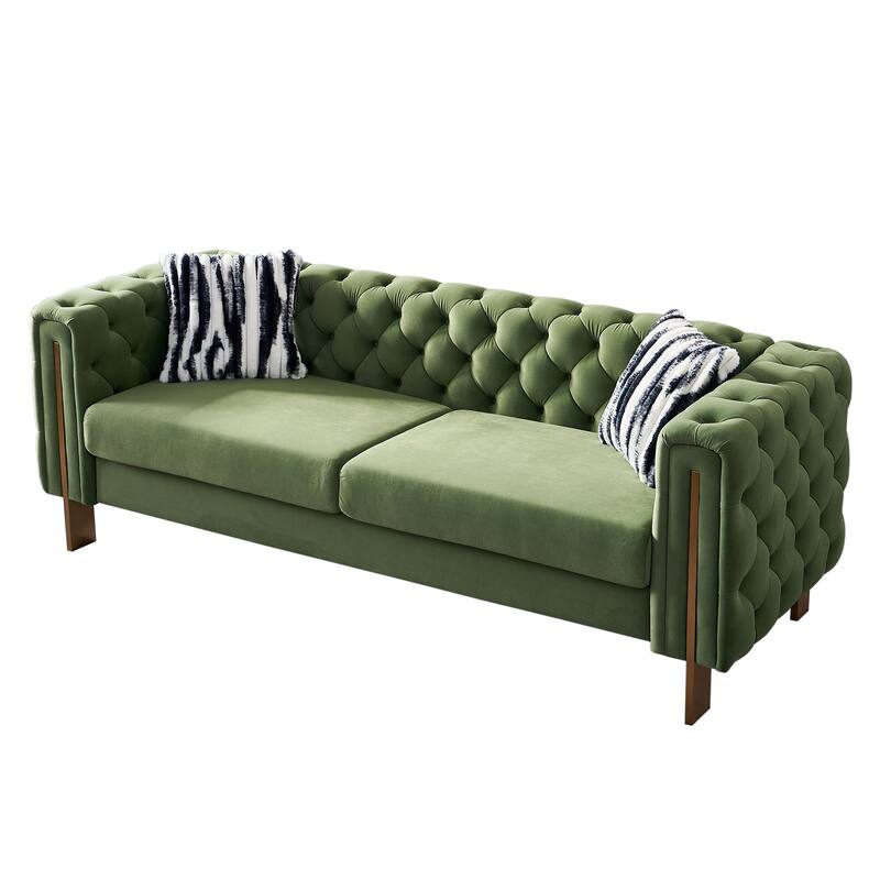 Velvet Tufted Sofa with Gold Metal Legs & Toss Pillows - 84" Width