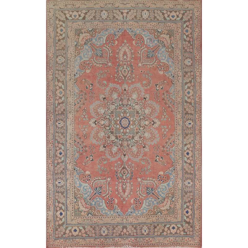 Hand Knotted Oriental 100% Wool Carpet Traditional Floral Pink Mashad Area Rug - 9' 5'' X 6' 2''