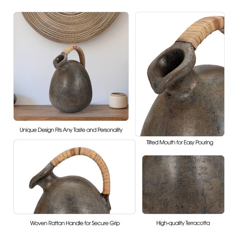 Sagebrook Home Terracotta Rustic Jug With Woven Handle, Multi, Round, Two Tone