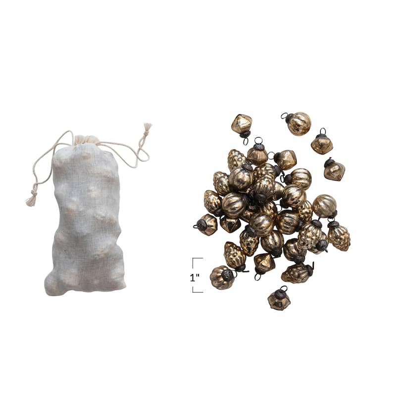 Embossed Mercury Glass Ornaments in Muslin Bag - 1.0"L x 1.0"W x 1.0"H