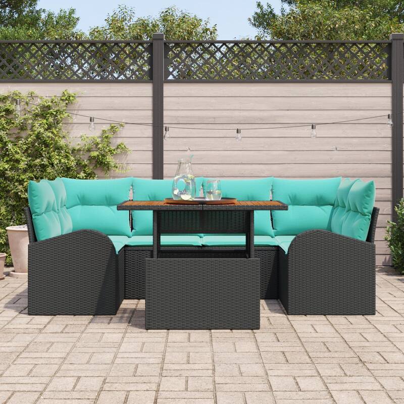 vidaXL 7 Piece Garden Sofa Set with Cushions Black Poly Rattan - 92.1×48.8×27.2