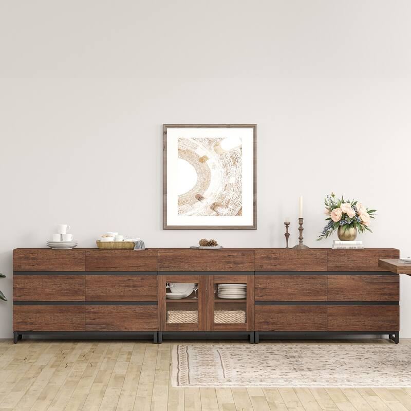 WAMPAT 3 in 1 Modern Dresser with Glass Doors and 3 Drawers, Chest of Drawers for Bedroom - Brown - 3-drawer