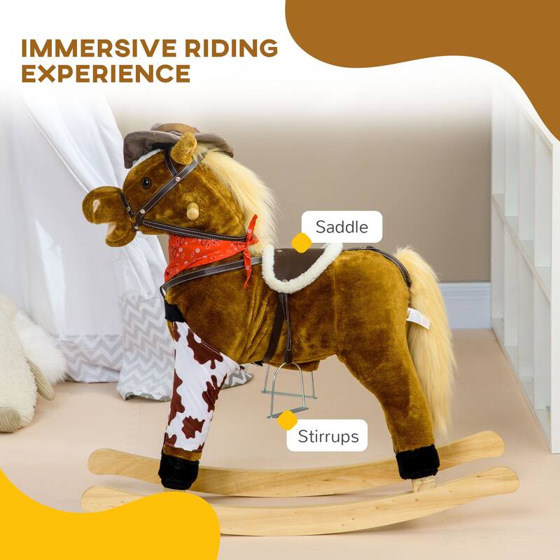 Kids Plush Rocking Horse with Authentic Neigh Sounds, Saddle, and Stirrup for 3-8 Years Old - Comfortable Velvet Fabric