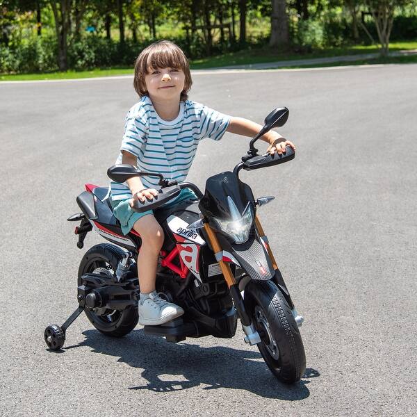 slide 2 of 4, Licensed Aprilia 12V Electric Motorcycle for Kids with Training Wheels, Music, and LED Lights - Safe Ride-On Toy Red