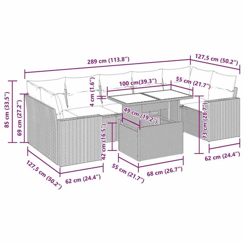 vidaXL Patio Sofa Set with Cushions and Table Outdoor 8 Piece Poly Rattan - 24.4 x 24.4 x 27.2