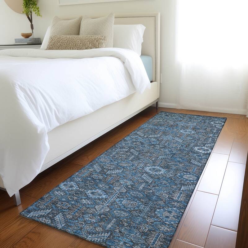 Machine Washable Indoor/ Outdoor Traditional Boho Chantille Rug - Blue - 2'3" x 7'6"