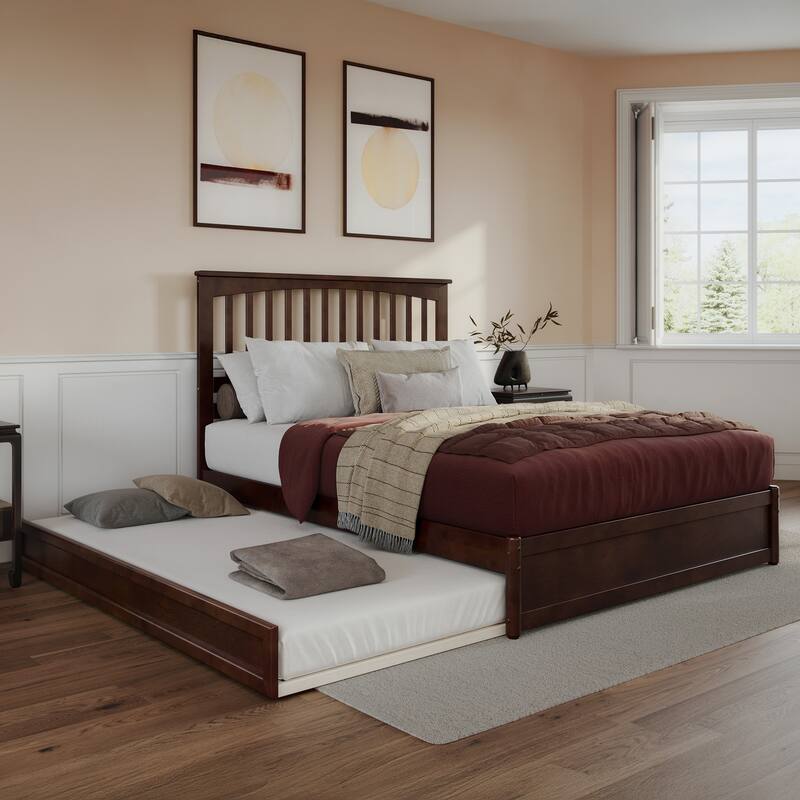 Everett Platform Bed with Panel Footboard and Twin XL Trundle - Walnut - Queen