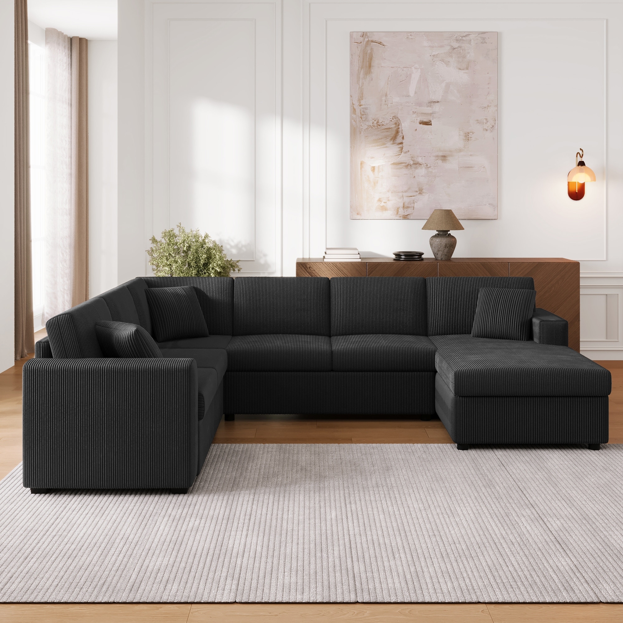 Oversized U Shaped Sectional Sofa, 115.3" Corduroy Upholstered Corner Sofa Couch with Chaise Lounge, Removable Cushions